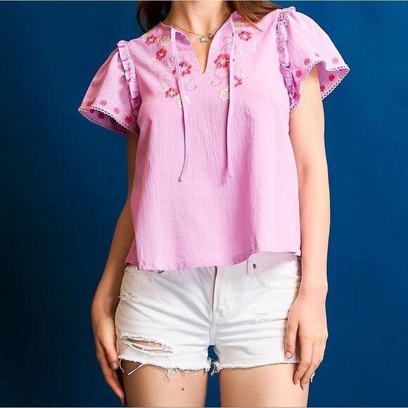Umgee Floral Embroidered Tie Neck SS Blouse Pink Ruffle Top Medium - Picture 3 of 6